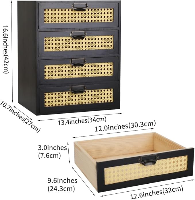 Large Wooden Drawer BoHo Desk Organizers Wooden Storage Dox with Drawers Rattan Paper Storage Drawer Wood File Organizer Libr