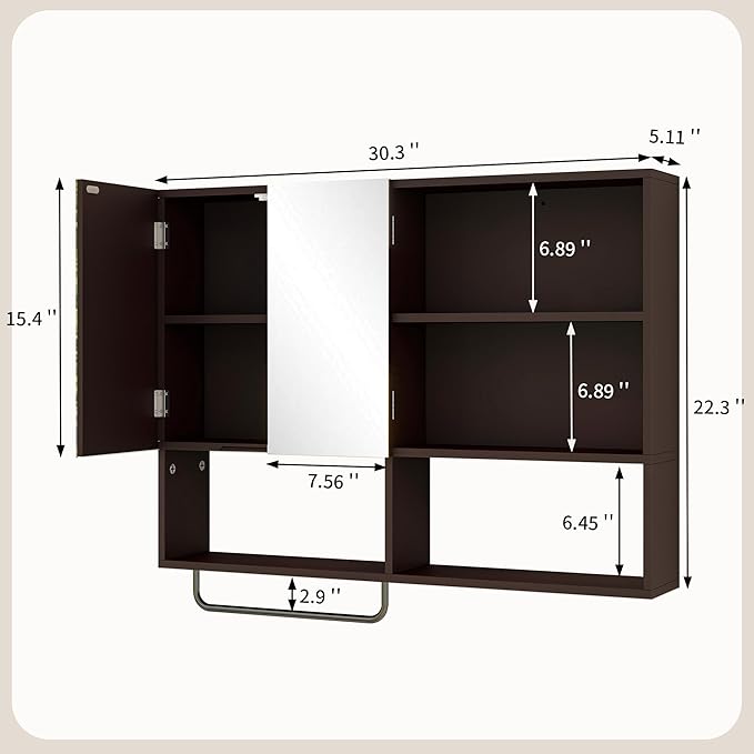 Medicine Cabinet, Wooden Bathroom Wall Cabinet with 2 Doors, Adjustable Shelves & Towel Bar, Over Toilet Storage Cabinet Wall