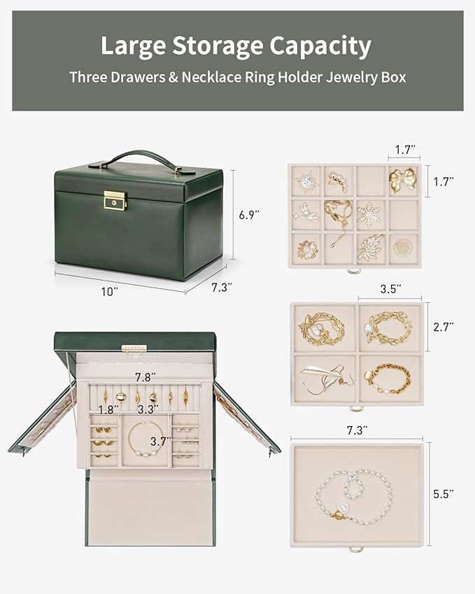 Vlando Jewelry Box for Girls, 4-Tier Jewelry Organizer with Lock, Mirror Jewelry Box for Earring, Ring, Necklace and Bracelet