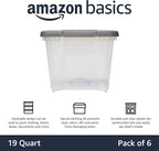Amazon Basics Plastic Storage Containers with Secure Latching Lids, Stackable Organization Bins, Clear/Grey, 19 Quart, Set of