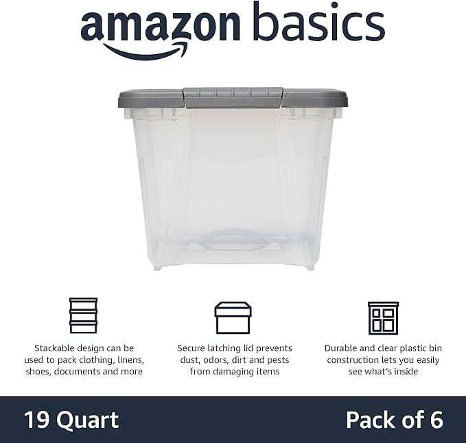 Amazon Basics Plastic Storage Containers with Secure Latching Lids, Stackable Organization Bins, Clear/Grey, 19 Quart, Set of