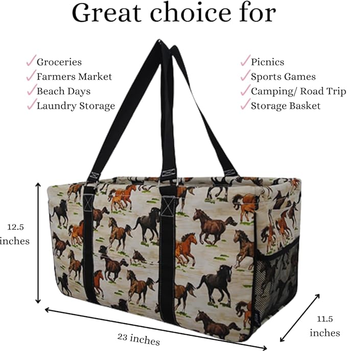 NGIL Extra Large Utility Tote Reusable Grocery Organizing Bag Oversized Collapsible for Storage, Picnic,Car, Beach (Wild Horse-black)