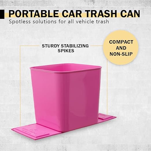 Car Trash Can 1.4 Gallon with Stability Flap & Magic Strips — No-Tip Leakproof Car Garbage Bin for Car Floor, Mats, Front or Back Seat, SUV, Truck, Van, Vehicle Interior Organizer (Pink)