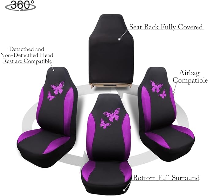 Flying Banner Butterfly car seat Covers ful Set Fashion Universal Lady Woman Female Rear Bench Split Colorized (2 Fronts, Pur