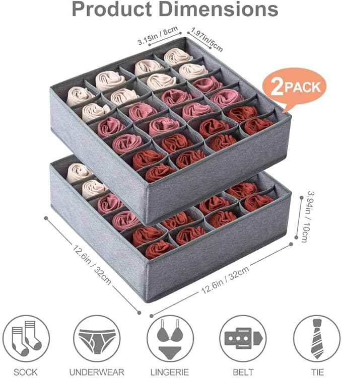 Qozary 2 Pack Socks Underwear Drawer Organizer Divider, 24 Cell or 16 Cell Collapsible Cabinet Closet Organizer Storage Boxes