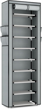 VILICK Shoe Rack with Cover Narrow Shoe Rack Organizer with 4 Side Pockets 10 Tier Tall Shoe Storage Shoe Shelf Holds 18-22 P