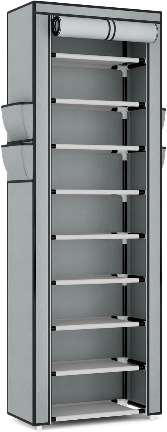 VILICK Shoe Rack with Cover Narrow Shoe Rack Organizer with 4 Side Pockets 10 Tier Tall Shoe Storage Shoe Shelf Holds 18-22 P