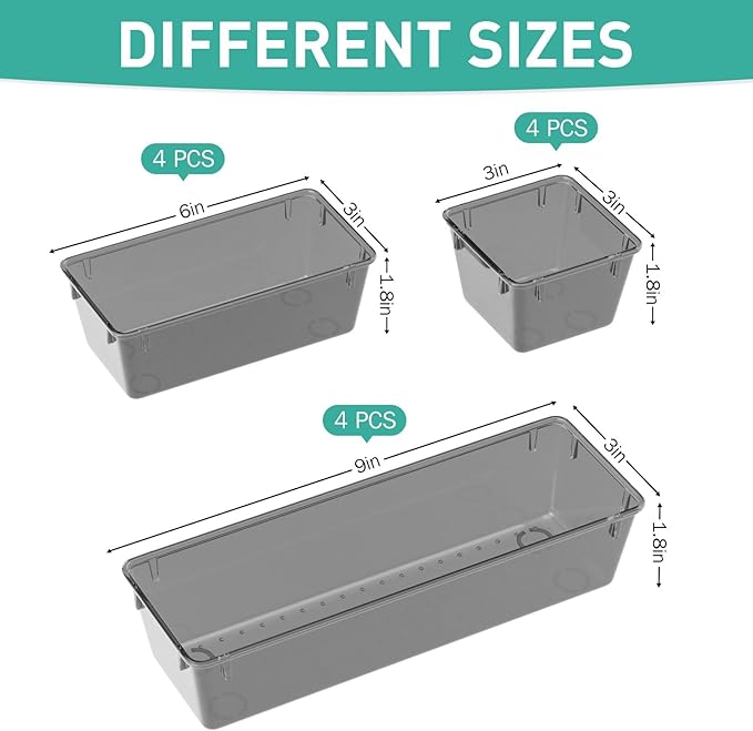 WOWBOX 12 Pack Clear Drawer Organizer Set, Acrylic Drawer Storage Trays, Storage Bins for Makeup, Cosmetics, Jewelries, Utens