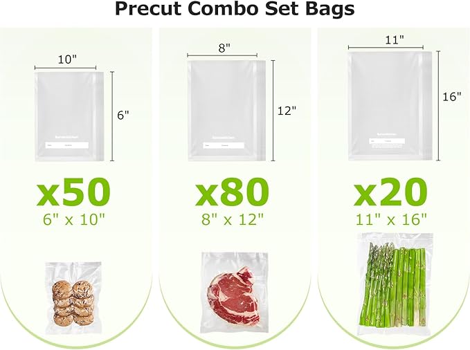 Bonsenkitchen Vacuum Sealer Bags, 20 Gallon 11" x 16"+ 80 Quart 8" x 12"+ 50 Pint 6" x 10", Commercial Grade, BPA Free, Food 