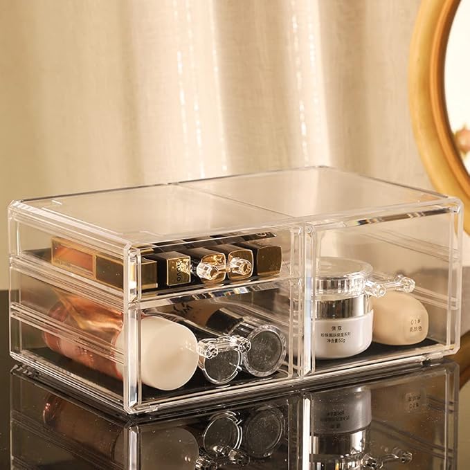 Cq acrylic 1 Pack Clear Stackable Storage Drawers for Vanity,Stackable 3 Drawers Desktop Organizer With Drawers,Cute Desk Sto