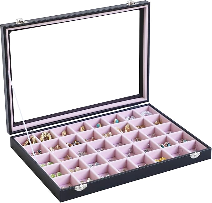 Stratalife Jewelry Organizer 40 Grid Pink Black Jewelry Tray with Clear Dust-proof Lid Velvet Earring Organizer Necklace Ring