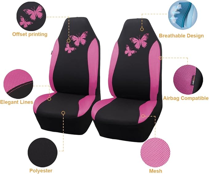 Flying Banner Butterfly car seat Covers ful Set Fashion Universal Lady Woman Female Rear Bench Split Colorized (2 Fronts, Pin