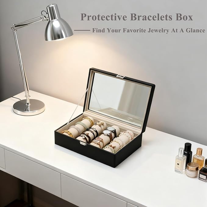 Bracelets Organizer Rods Bangles Display Holder, Clear See through Lid Leather Velvet Jewelry Storage Box Case for Women, 4 R