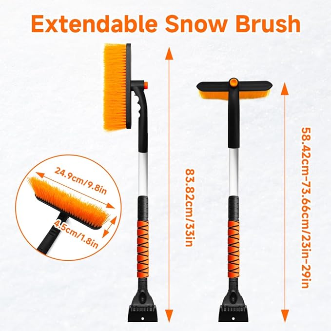 Snow Brush with Ice Scraper, Ice Scrapers, Car Windshieldand Extendable Snow Brush with Foam Grip and 360° Pivoting Brush Head, Detachable Snow Scrapers & Ergonomic Foam Grip for Cars (Orange)