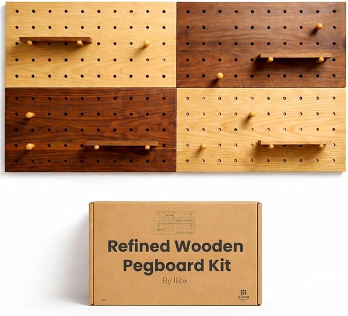 Wooden Pegboard Wall Organizer Kit – Modern Natural Wood Peg Board with Shelves & Hooks – 2 Tone Brown & Oak Premium Wooden P