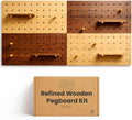 Wooden Pegboard Wall Organizer Kit – Modern Natural Wood Peg Board with Shelves & Hooks – 2 Tone Brown & Oak Premium Wooden P