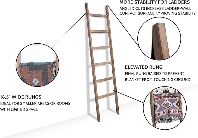 FUIN 6.4ft Extra Wide Wooden Blanket Ladder Living Room Decorative Wal Leaning Farmhouse Quilt Display Holder Rustic Wood Tow
