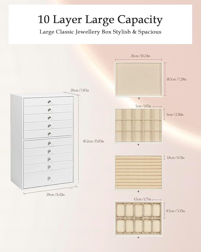 GUKA Large Jewelry Box, Jewelry Case with 10 Drawers for Big and Small Jewelry, Jewelry Storage Organizer for Watch Earrings 