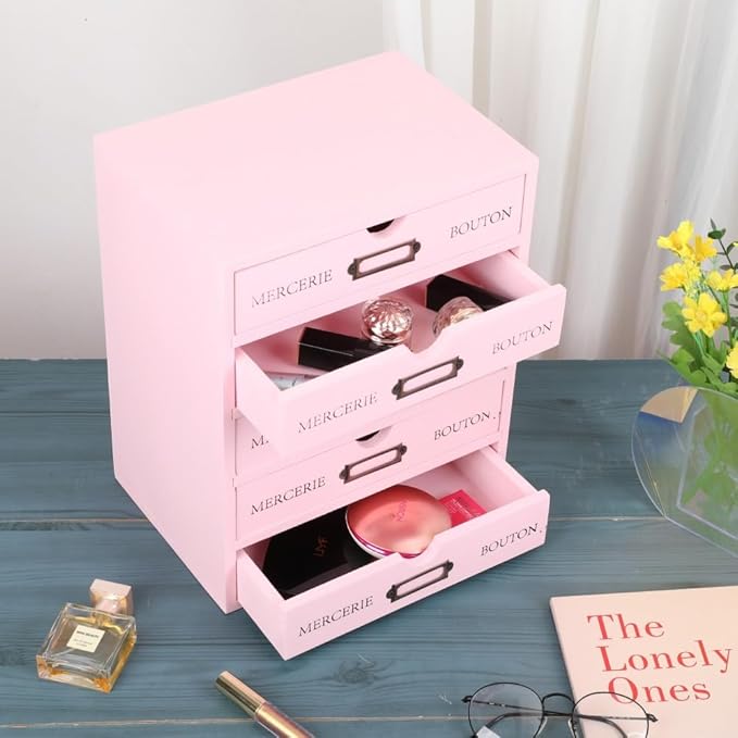 Wooden Storage Box with 5 Drawers Apothecary Vintage Wood Desktop Organizer Countertop Library Card Catalog Cabinet (Pink)
