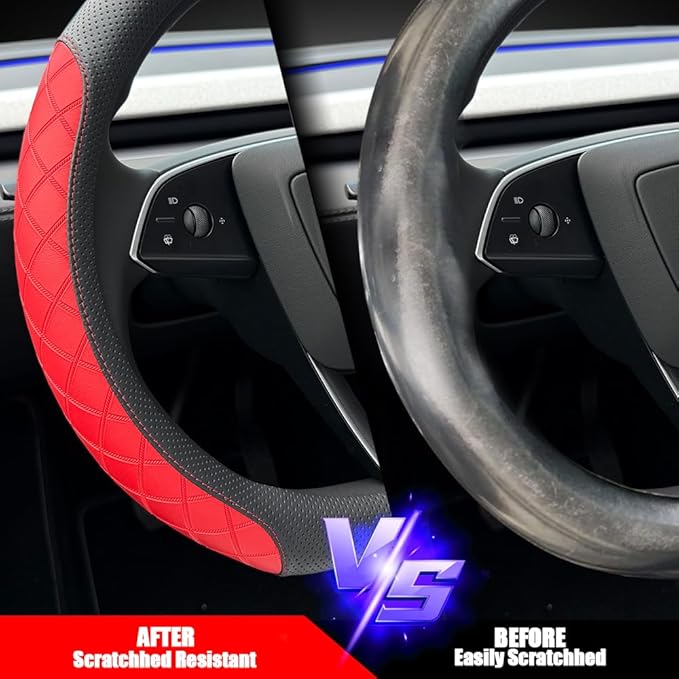 LKWLIKEI Leather Steering Wheel Cover. Elegant Diamond Checkered Design, Non-Slip and Breathable, for Tesla Model 3/Y Steerin