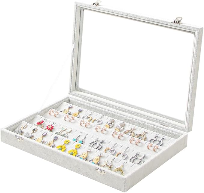 Coward Earring Organizer Tray Box, Grey Beige Velvet Earring Jewelry Display Storage Tray Case with Transparent Glass Lid for