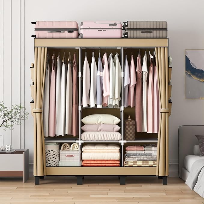 Portable Closet, 51.18" Large Capacity Clothing Storage Organizer with 3 Hanging Rods 6 Shelves 18 Side Pockets, Dustproof St