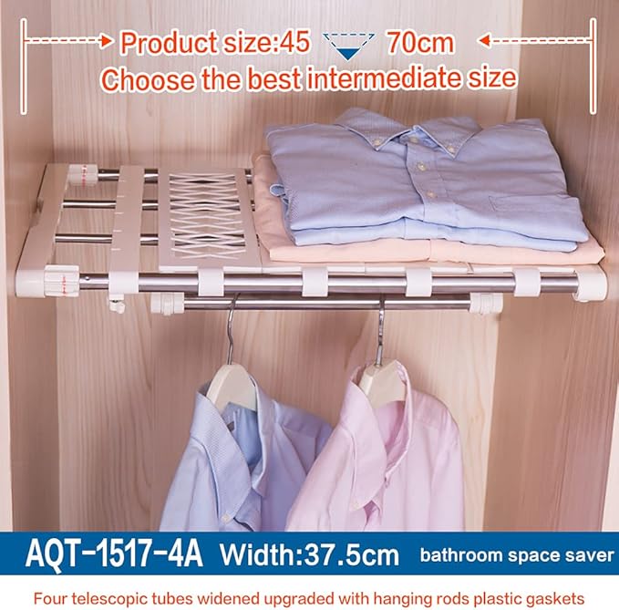 Hershii Tension Shelf Expandable Closet Organizer Adjustable Rod Heavy Duty Hanging Rail Rustproof DIY Storage Rack 4-Bar Ext