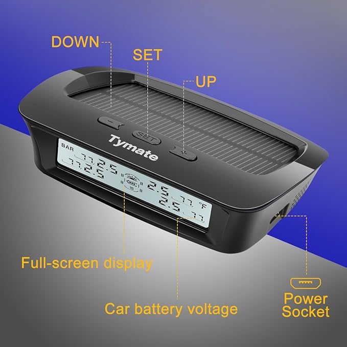 Tymate RV Tire Pressure Monitoring System M12-3 - Solar Charge, 5 Alarm Modes, Auto Sleep Mode, Tire Position Exchange, 6 TPMS Sensors, Repeater for Long Distance Sensing, Easy to Install (0-87 PSI)