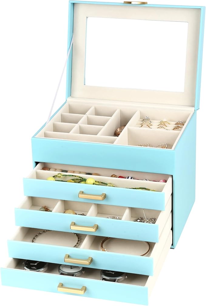 Kendal Jewelry Box, 5-Layer Jewelry Organizer Box with Glass Lid, Blue, Heart Shaped PU Leather, Storage Box for Necklace Ear