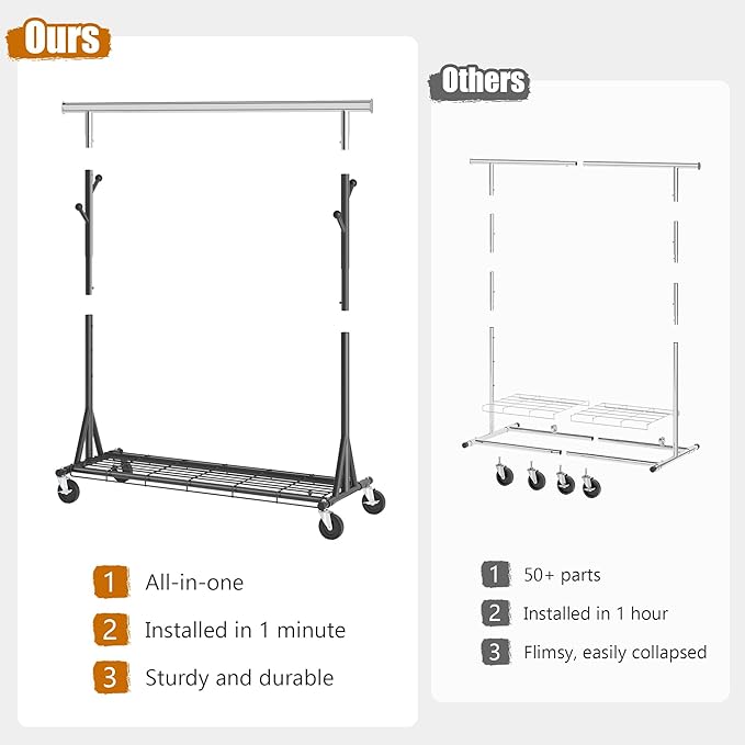 Gewudraw Garment Rack Load 530lbs,Heavy Duty Rolling Clothes Rack With Sturdy Wheel And Shelves, Adjustable Portable Hanging 