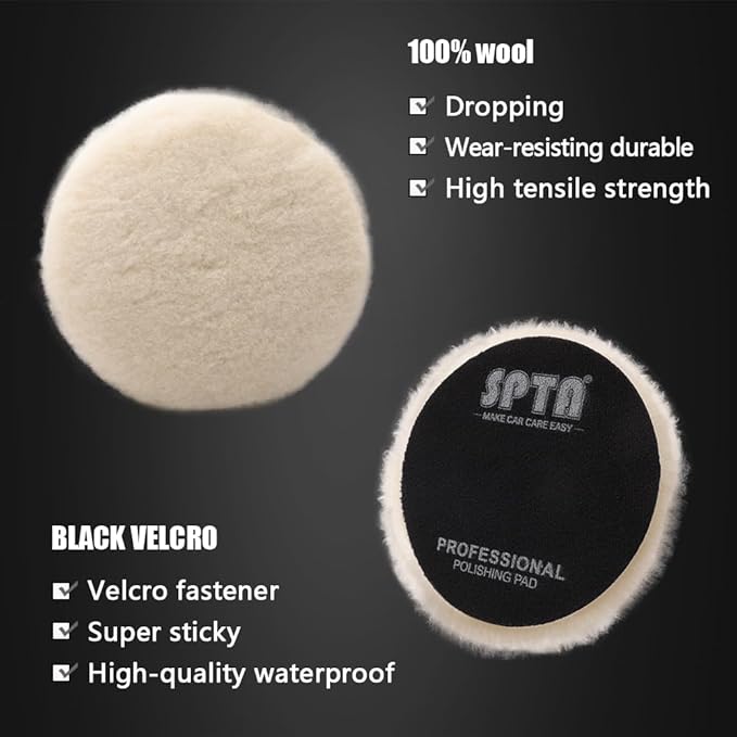 SPTA Wool Buffing Polishing Pads, 3Pcs 6 Inch (150mm) Wool Cutting Pad, Wool Compounding Pad, Buffing and Polishing Pads for 6 Inch Car Polisher Compounding, Polishing, Buffing