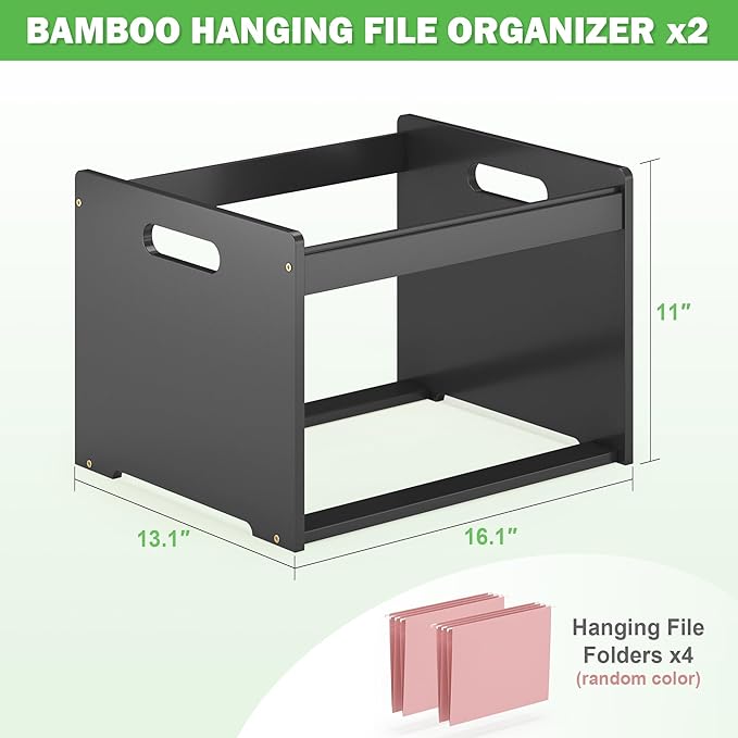 Hanging File Organizer Box for Letter Size, 2 Pack Bamboo File Folder Organizer, Storage Moving Boxes with Handle Wood Desk F