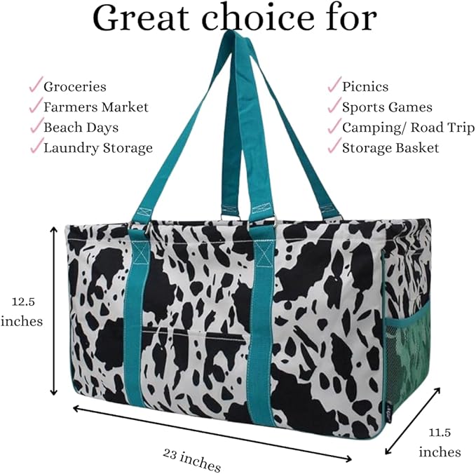NGIL Extra Large Utility Tote Reusable Grocery Bag Oversized Collapsible for Groceries, Storage, Picnic, Beach (Cow Splatter-Turquoise Blue)