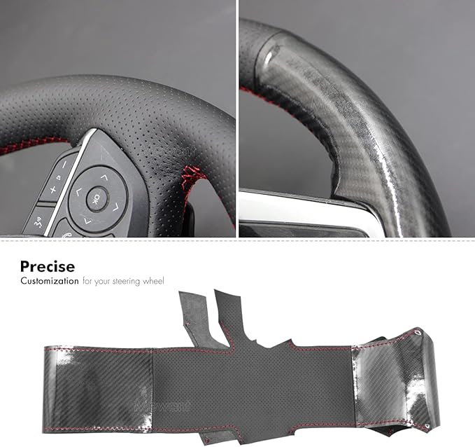 MEWANT Breathable Glossy Carbon Fiber + Black Genuine Leather DIY Car Steering Wheel Cover for Toyota Camry 2018-2019 / Toyota Avalon 2019 / Toyota Corolla 2019-2020 / Toyota RAV4 2019