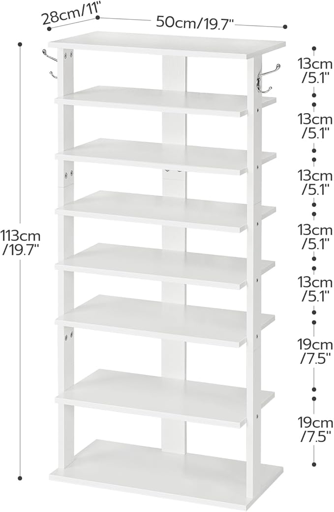 HOOBRO Vertical Shoe Rack, 8 Tier Wooden Shoe Storage Organizer with Hooks, Narrow Shoe Tower for 16 Pairs, Space Saving, for