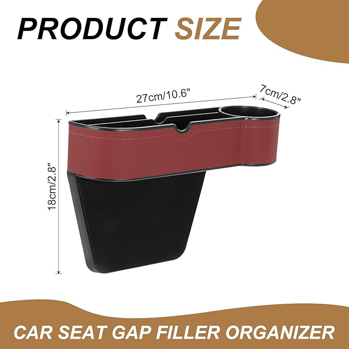 HARFINGTON Car Seat Gap Filler Organizer 10.6 x 7.1 x 2.8 Inch ABS+Leather Universal Car Organizer Storage Box Between Seat and Console (Right) with Cup Holders for Phone Keys, Wine Red