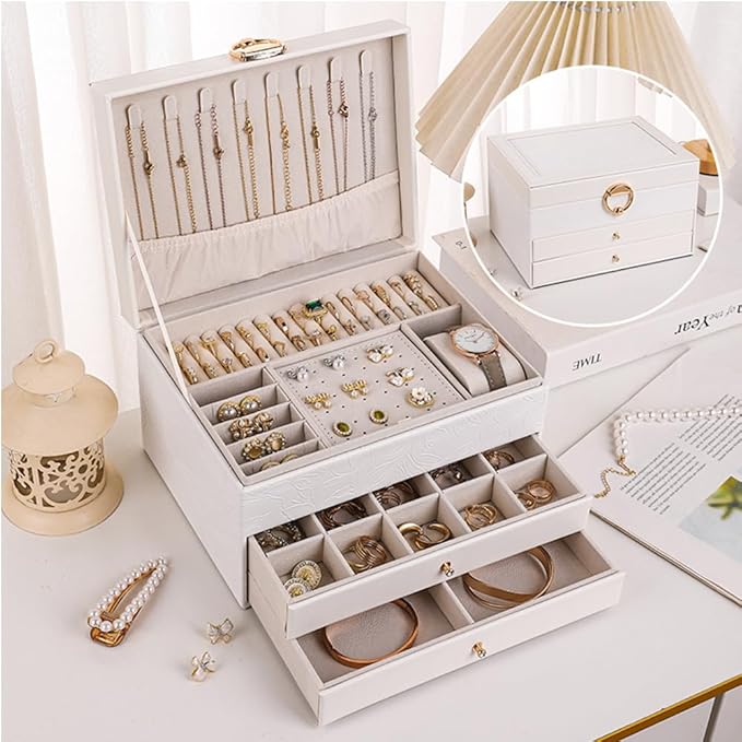 TOFUNTOY Jewelry Organizer Box, Large Jewelry Boxes for Women, 3-Layer Jewelry Holder Organizer for Necklace Earrings Rings B