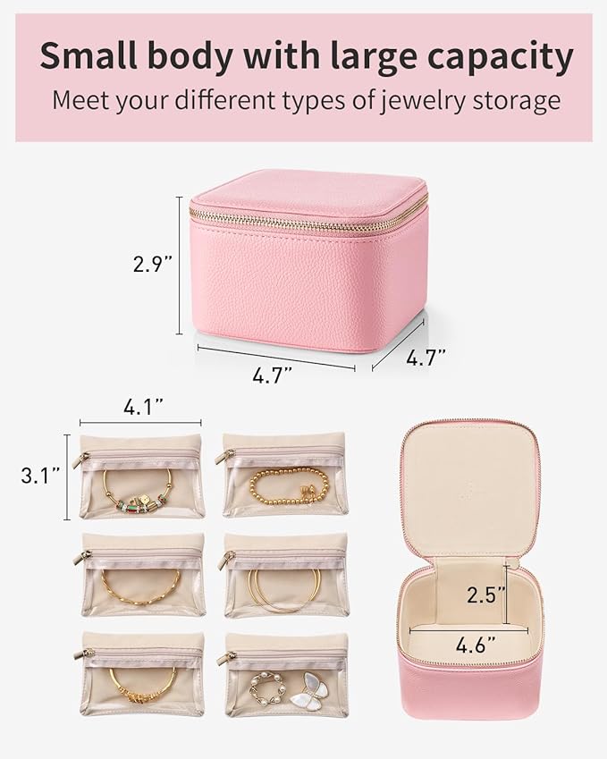 Vlando Travel Jewelry Box for Women,Faux Leather Jewelry Case with 6 Velvet Jewelry Zipper Pockets,Gift Ideas for Women Wife 