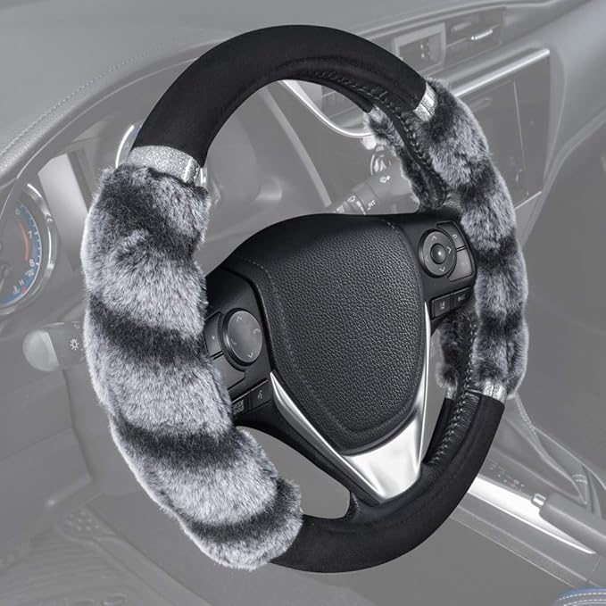 BDK Bear Fur Plush Steering Wheel Cover - Cute Faux Wool Protector for Women Girls Fits Wheels 14.5-15 inch Two Tone Black/Gr