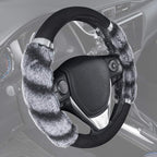 BDK Bear Fur Plush Steering Wheel Cover - Cute Faux Wool Protector for Women Girls Fits Wheels 14.5-15 inch Two Tone Black/Gr