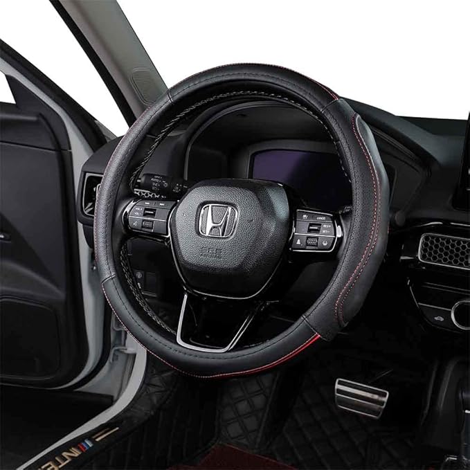 EKR Universal 15 inch Leather Steering Wheel Cover - Genuine Leather, Breathable, Anti Slip & Odor Free (Black with Red Lines, M(14" 1/2-15" 1/4))
