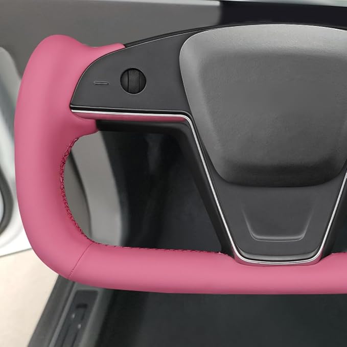 MEWANT Hand Stitched Pink Leather Tesla Model S Yoke Steering Wheel Cover Wrap for Tesla Model S 2021-2023 / Model X 2021-2023 Tesla Yoke Steering Wheel Accessories