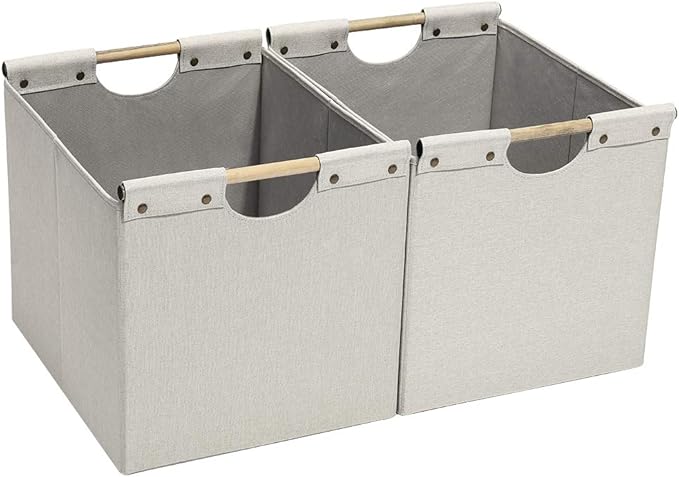 HOONEX Large Foldable Storage Bins, Linen Fabric, 2 Pack, with Wooden Carry Handles and Sturdy Heavy Cardboard, for Home, Off