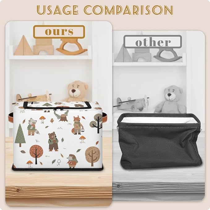 Wolf Bear Hedgehog Storage Baskets - Cute Animal Plants Bin Collapsible Organizer Cube with Zipper Lid, Mushroom Leaves Tree 