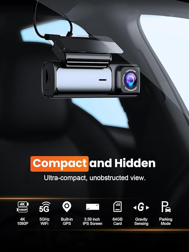 4K Dash Cam Front and Rear, Built-in 5G WiFi GPS, 64GB Card Included, 3.59'' IPS Screen Dash Camera for Cars, Dual Dashcam wi