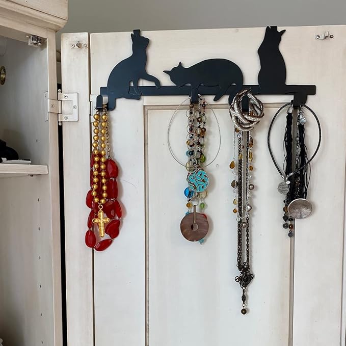 Evelots Over The Door 4 Hook Towel/Coat Rack Hanger Organizer, Kitty Cat Design-Easy No Tool Installation-Black Iron-Holds 20