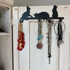 Evelots Over The Door 4 Hook Towel/Coat Rack Hanger Organizer, Kitty Cat Design-Easy No Tool Installation-Black Iron-Holds 20