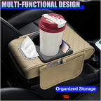 Leather Car Center Console Cover, Universal Automotive Armrest Booster Cushion, Vehicle Middle Console Organizer with 2 Cup Holders, Side Storage Bag, Tissue Box & Phone Slot(Beige)