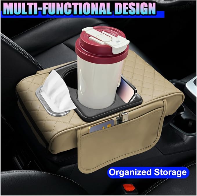 Leather Car Center Console Cover, Universal Automotive Armrest Booster Cushion, Vehicle Middle Console Organizer with 2 Cup Holders, Side Storage Bag, Tissue Box & Phone Slot(Beige)