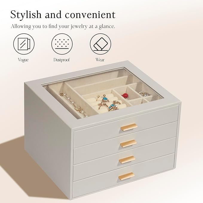 Jewelry Box with Glass Lid, 4-Layer Jewelry Organizer for Women Girls, PU Leather Display Case with 20-Grid Earring Tray & Mo
